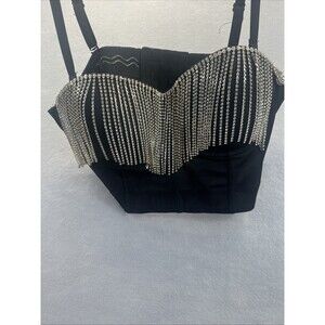 Dangle Rhinestone Fringe Diva Cropped Corset Bustier Cowgirl Bling Large